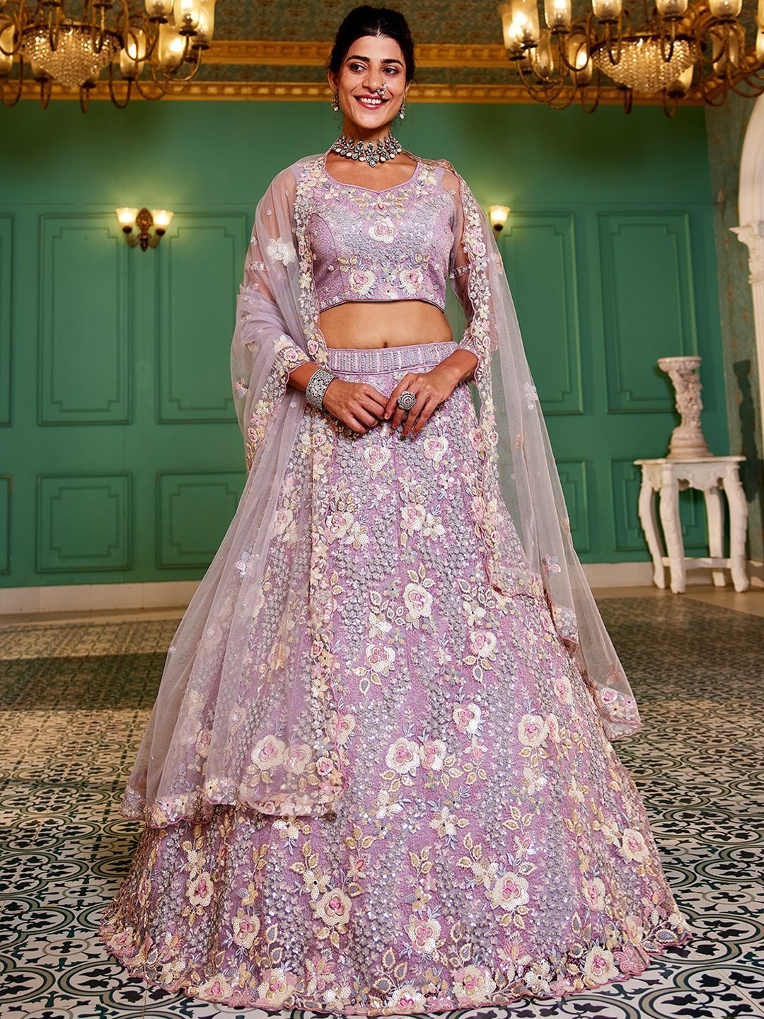 

panchhi Embroidered Sequinned Semi-Stitched Lehenga & Unstitched Blouse With Dupatta, Grey