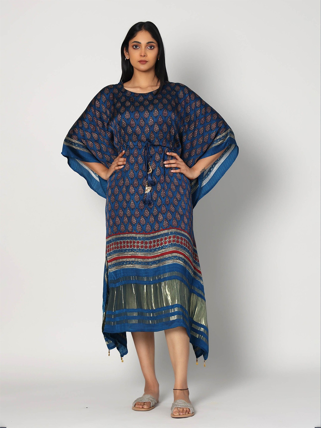 

Hassu's Ethnic Motifs Print Kimono Sleeve Kaftan Midi Dress, Blue