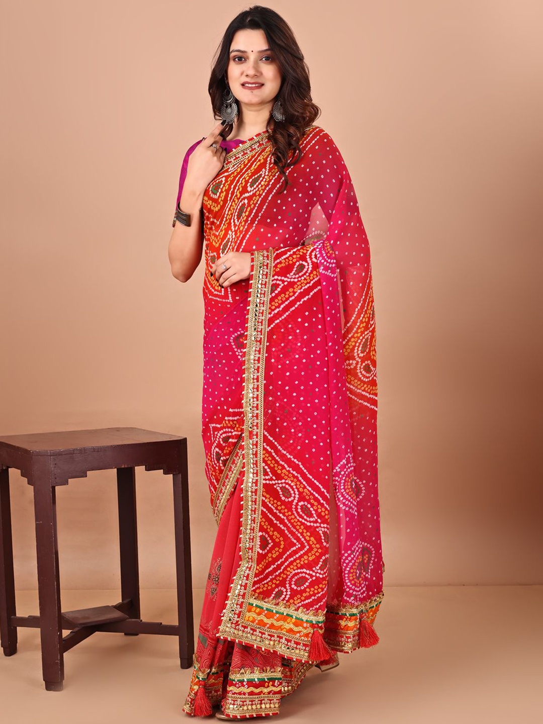 

LeeliPeeri Designer Bandhani Printed Saree With Gotta Patti, Pink