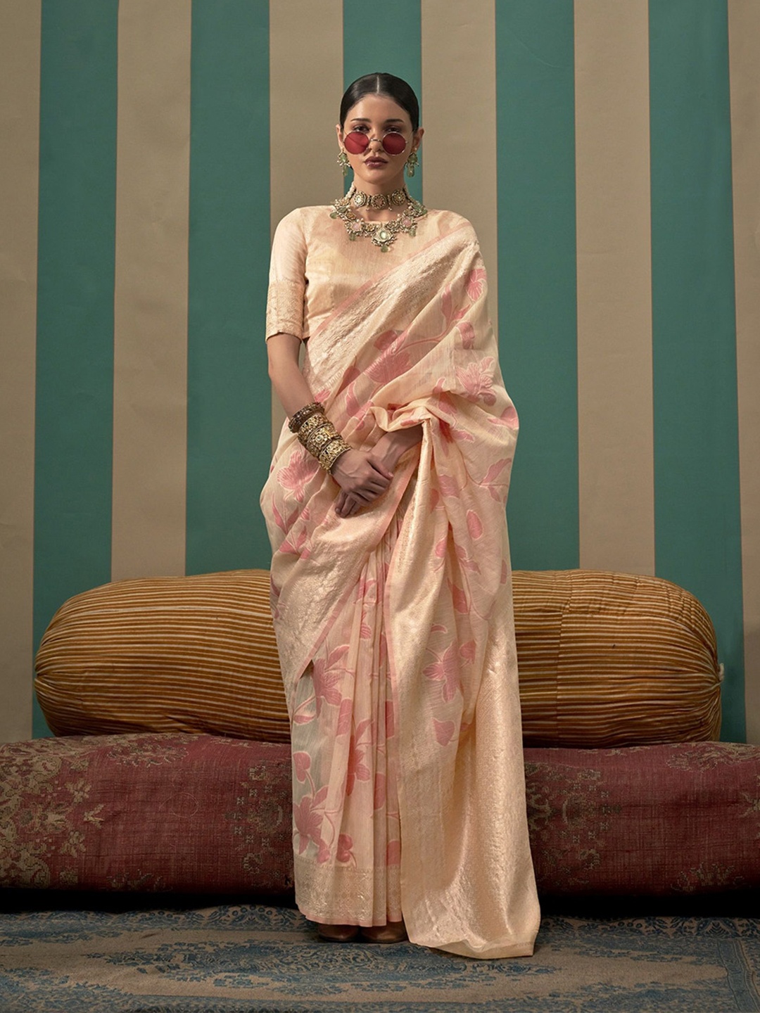 

MAHALASA Woven Design Zari Saree, Beige