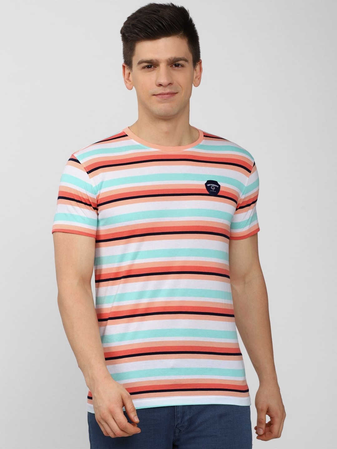 

PETER ENGLAND UNIVERSITY Men Striped Extended Sleeves Applique Slim Fit T-shirt, Multi