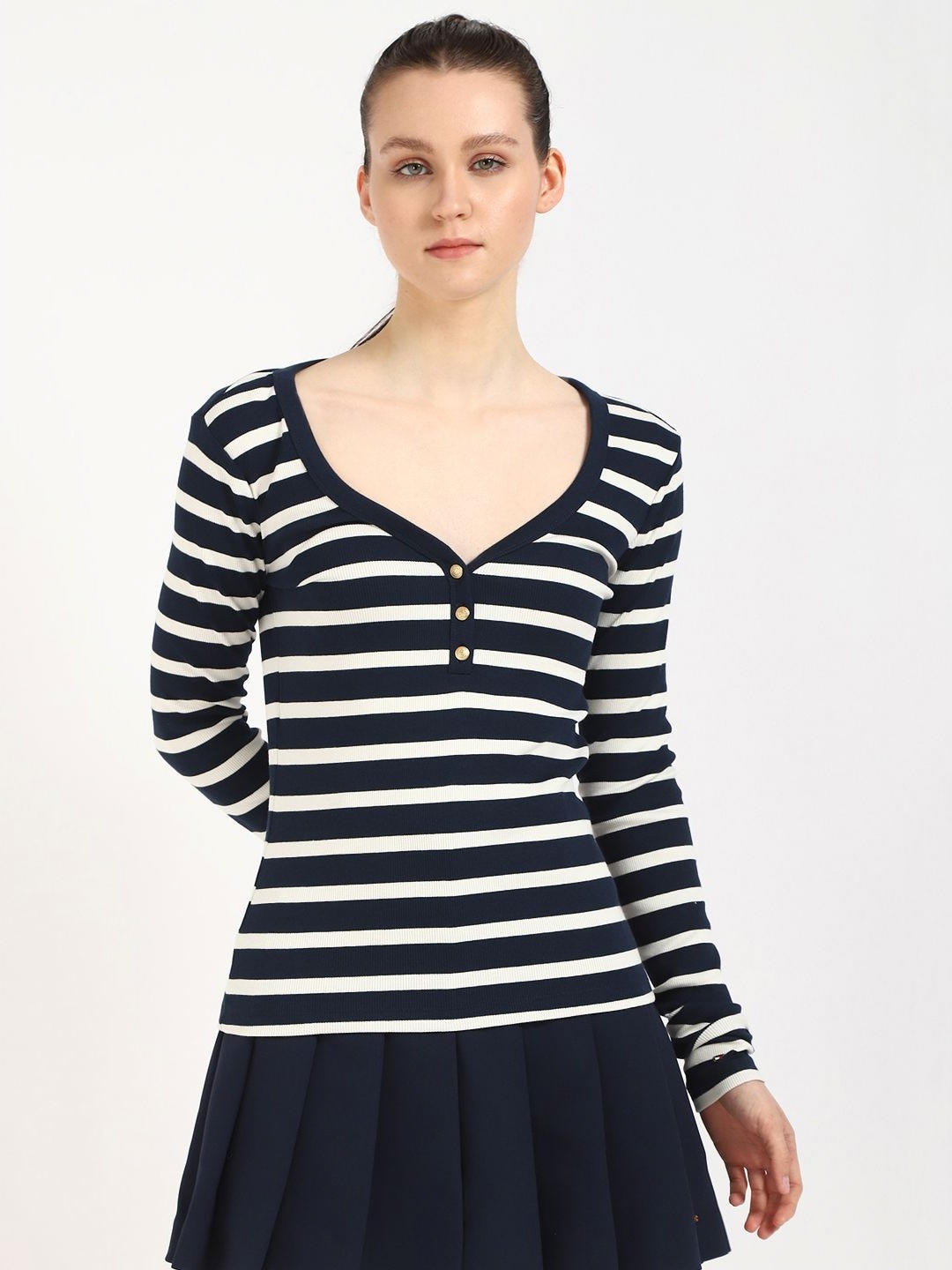 

Tommy Hilfiger Women Striped Henley Neck Cotton Slim Fit T-shirt, Black