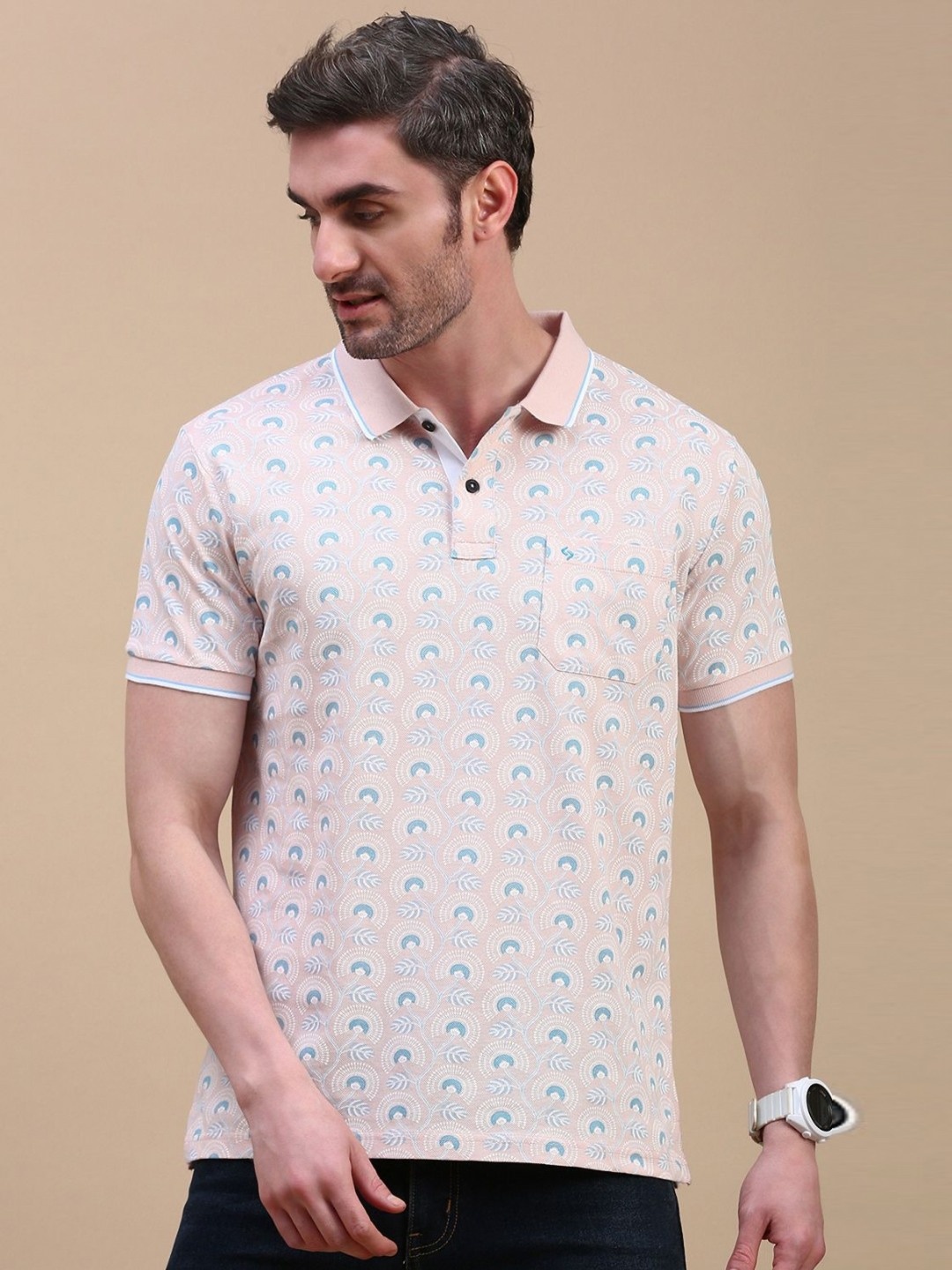 

Classic Polo Men Conversational Printed Polo Collar Cotton Slim Fit T-shirt, Peach