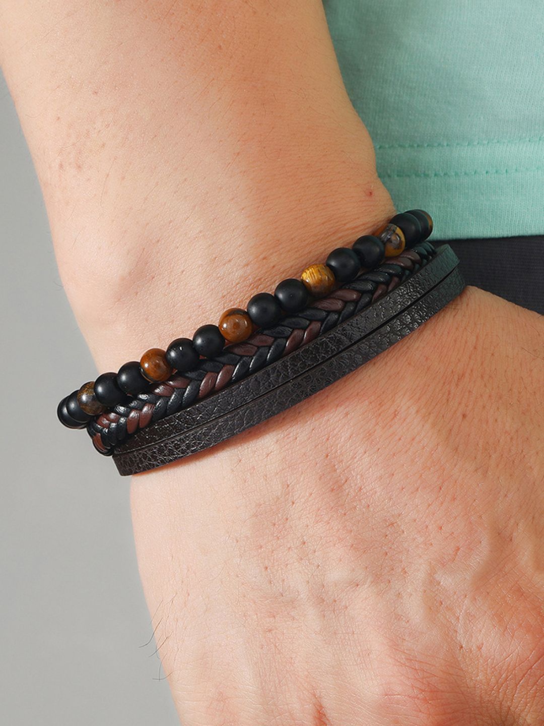 

Jewels Galaxy Men Leather Silver-Plated Artificial Beaded Bracelet, Brown