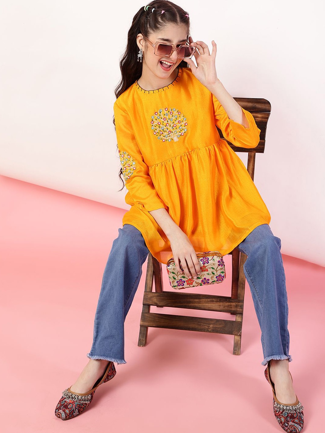 

Ishti Girls Round Neck Embroidered Top, Mustard