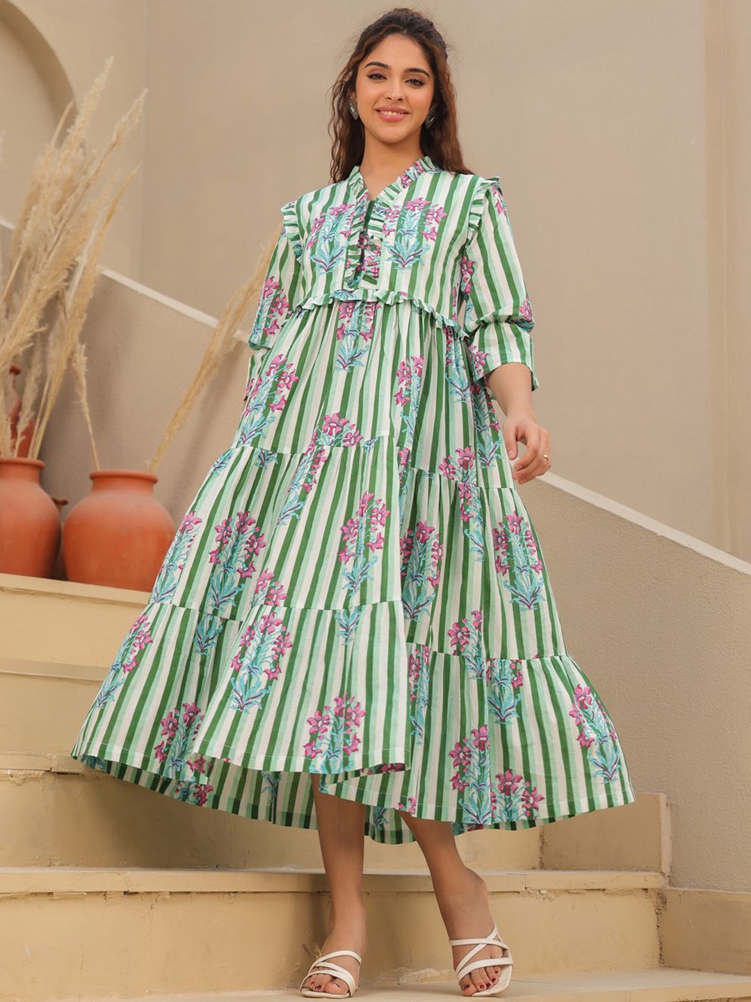 

Rain & Rainbow Women Printed Pure Cotton Fit & Flared Midi Ethnic Dresses, Green