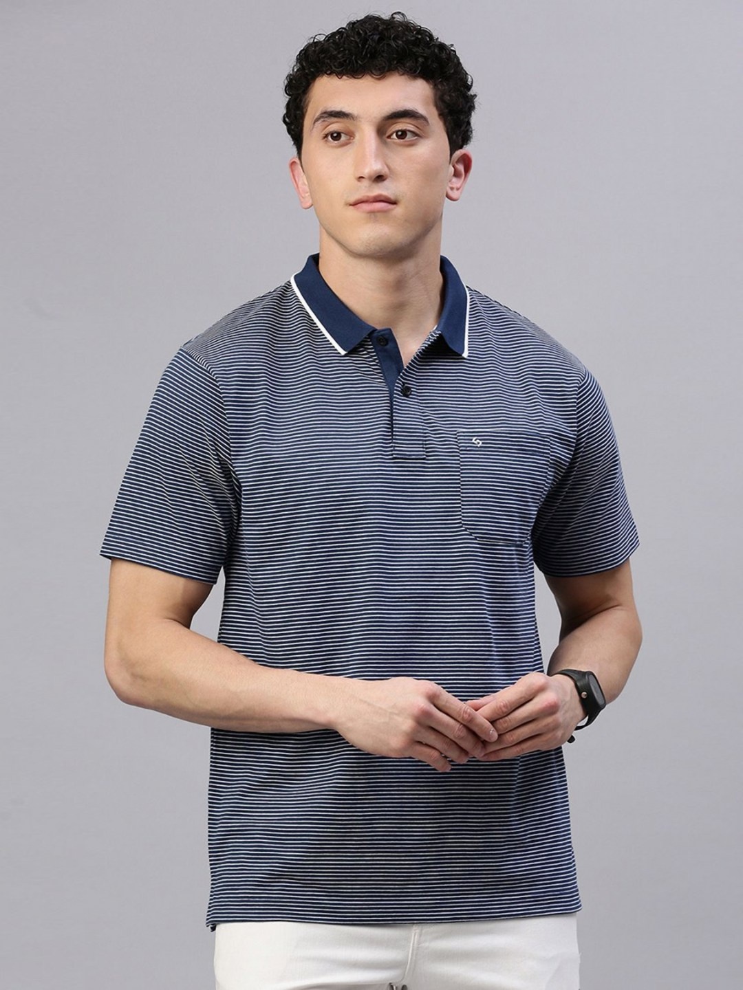 

Classic Polo Men Striped Polo Collar Cotton T-shirt, Navy blue