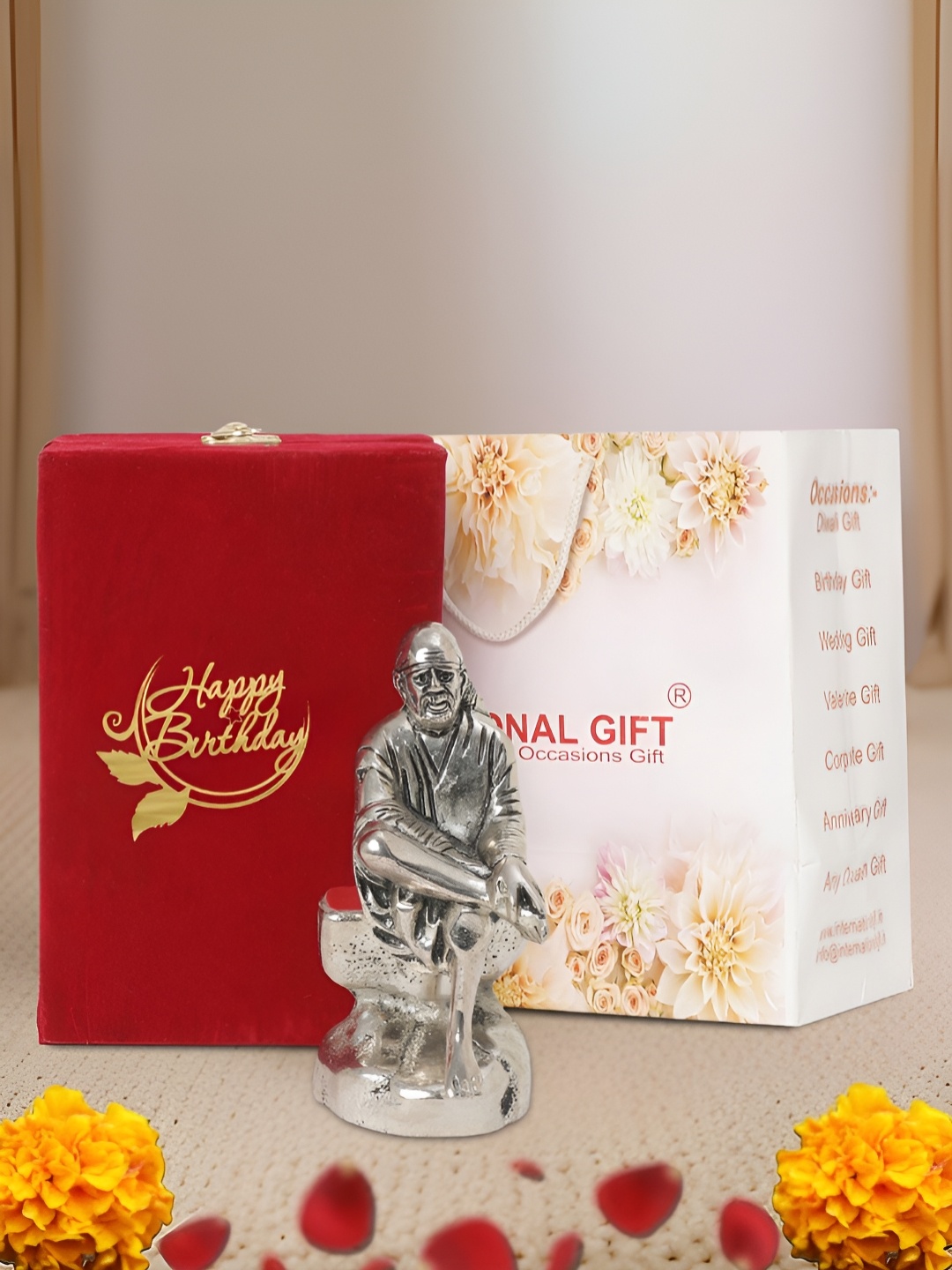 

INTERNATIONAL GIFT Silver Plated Sai Baba Idol with Velvet Box and Happy Birthday Tag