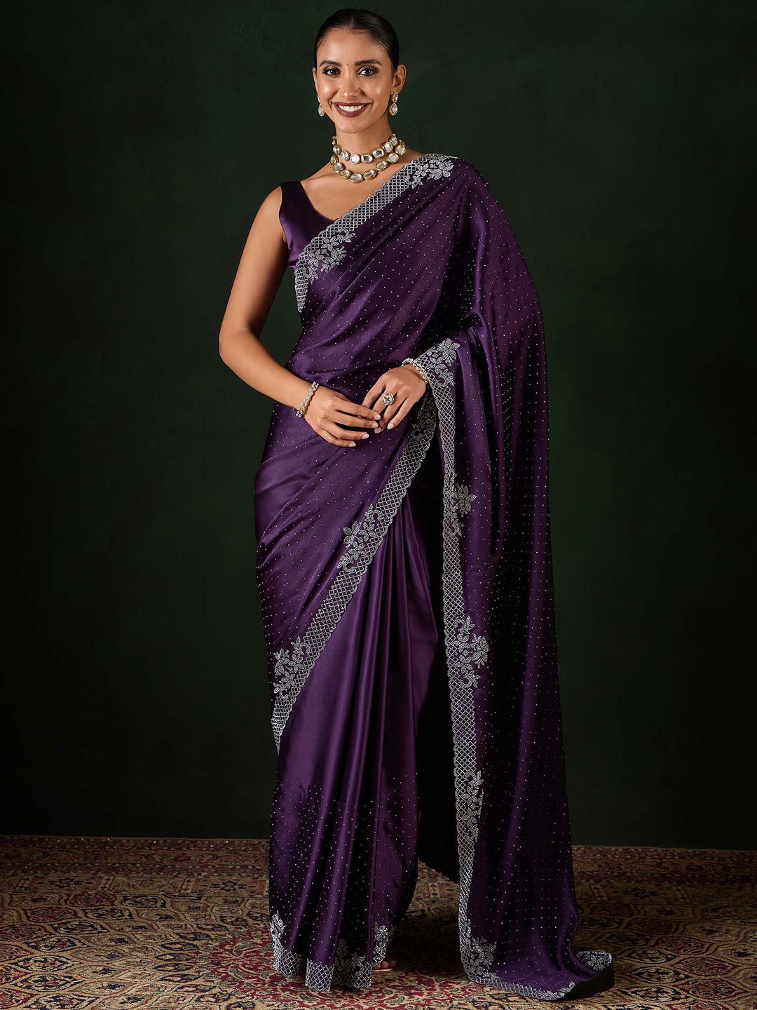 

Sangria Embellished Party Wear Saree With Unstitched Blouse, Purple