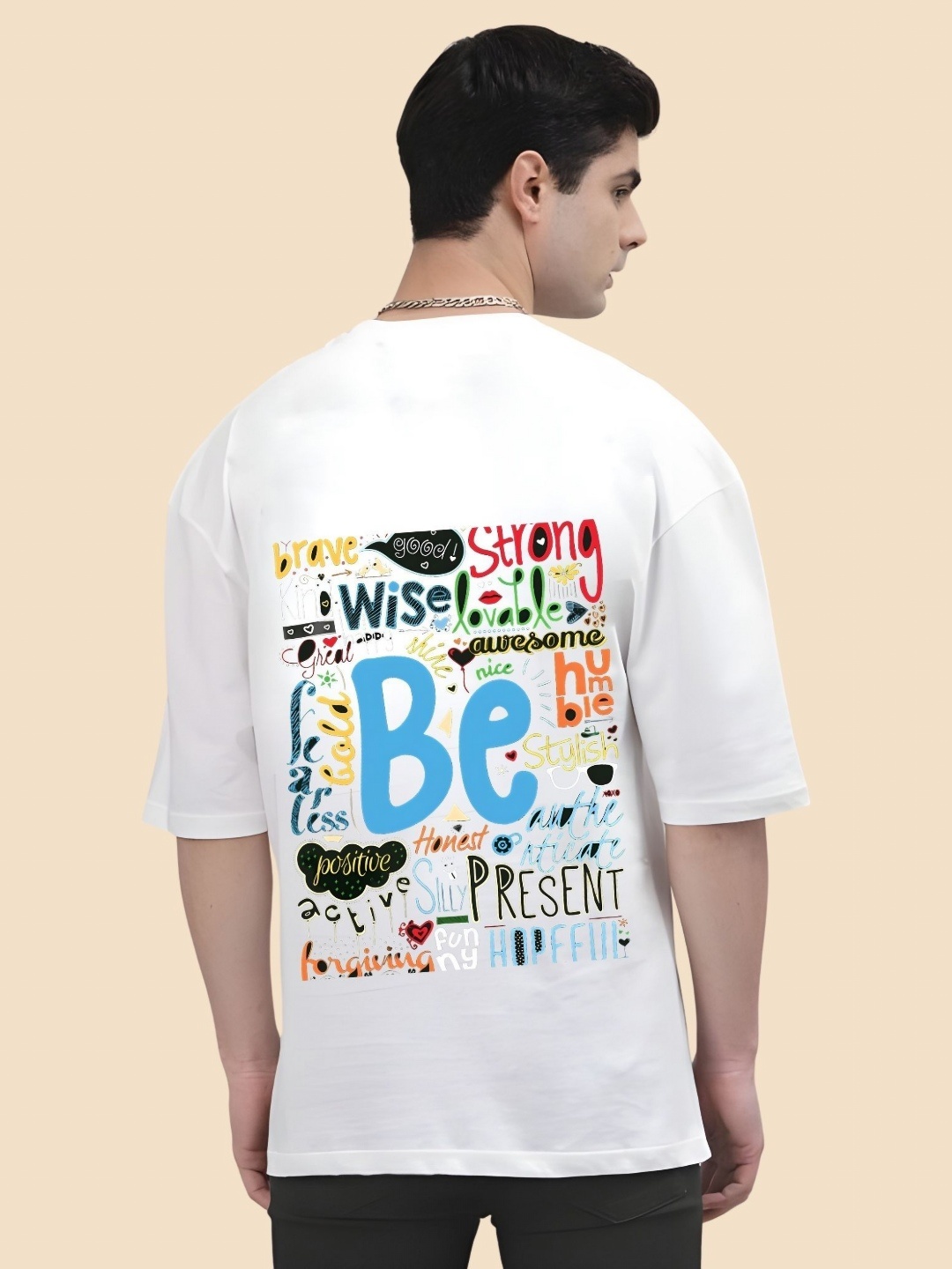 

SZN Men Typography Printed Round Neck Cotton Oversized T-shirt, White