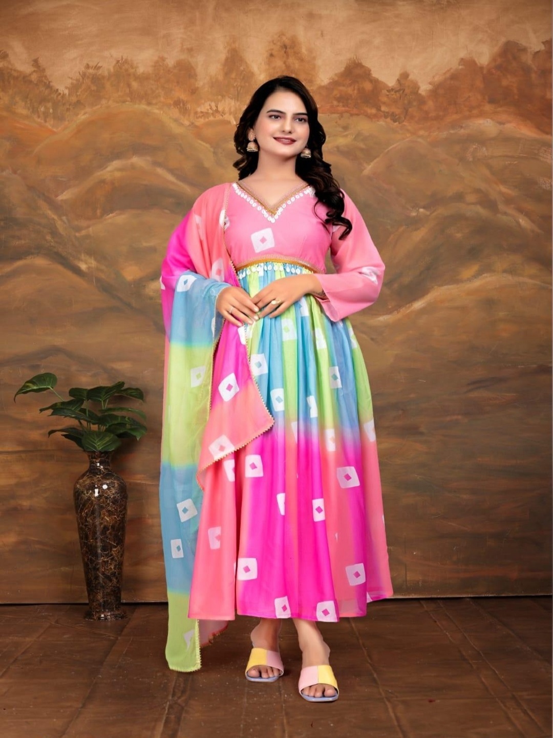 

KALINI Bandhani Printed V-Neck Anarkali Kurta With Trousers And Dupatta, Pink