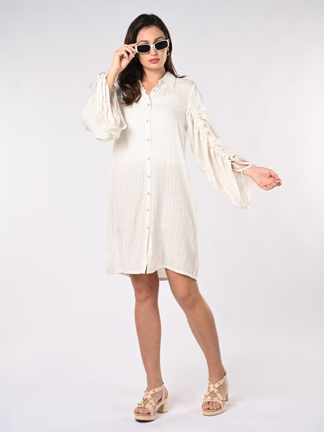 

IZEL Striped Flared Sleeve Shirt Dress, Off white