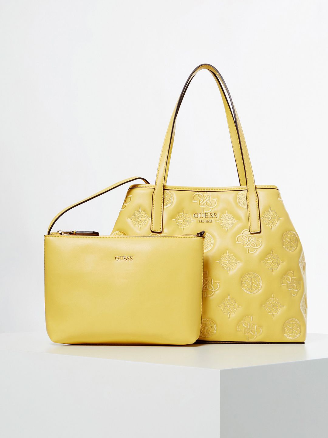 

GUESS Printed PU Structured Tote Bag with Fringed, Yellow