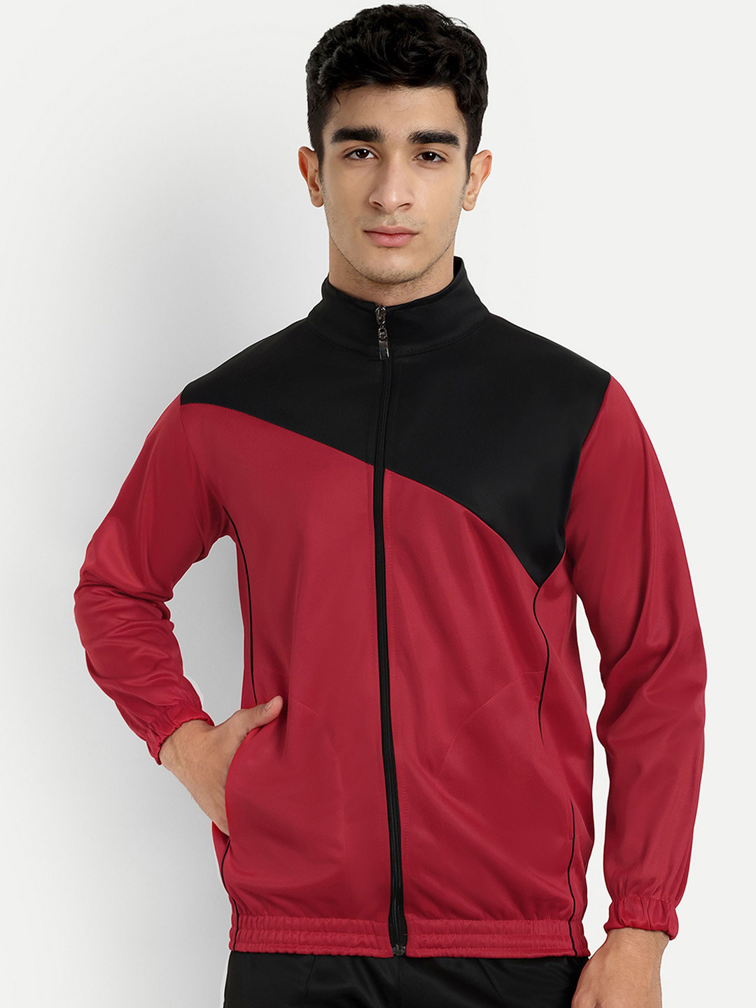 

Metronaut Men Mock Collar Colourblocked Sports Lightweight Bomber Jacket, Red