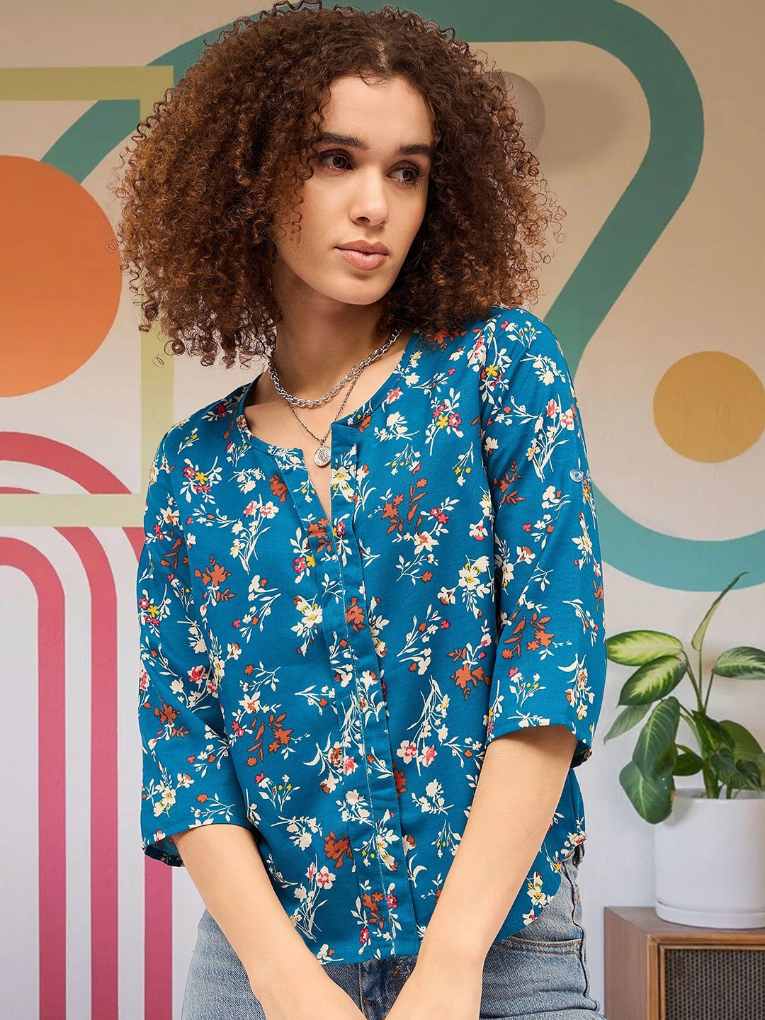 

DressBerry Women Floral Print V Neck Three-Quarter Sleeves Cotton Top, Blue