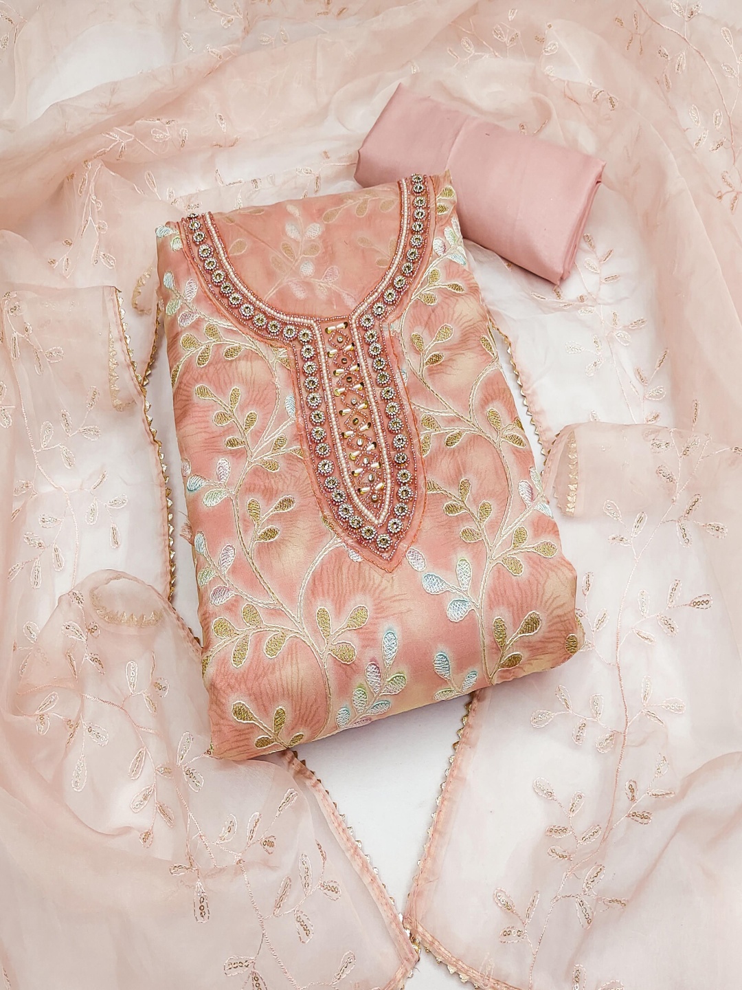 

Blissta Embroidered Organza Unstitched Dress Material, Peach
