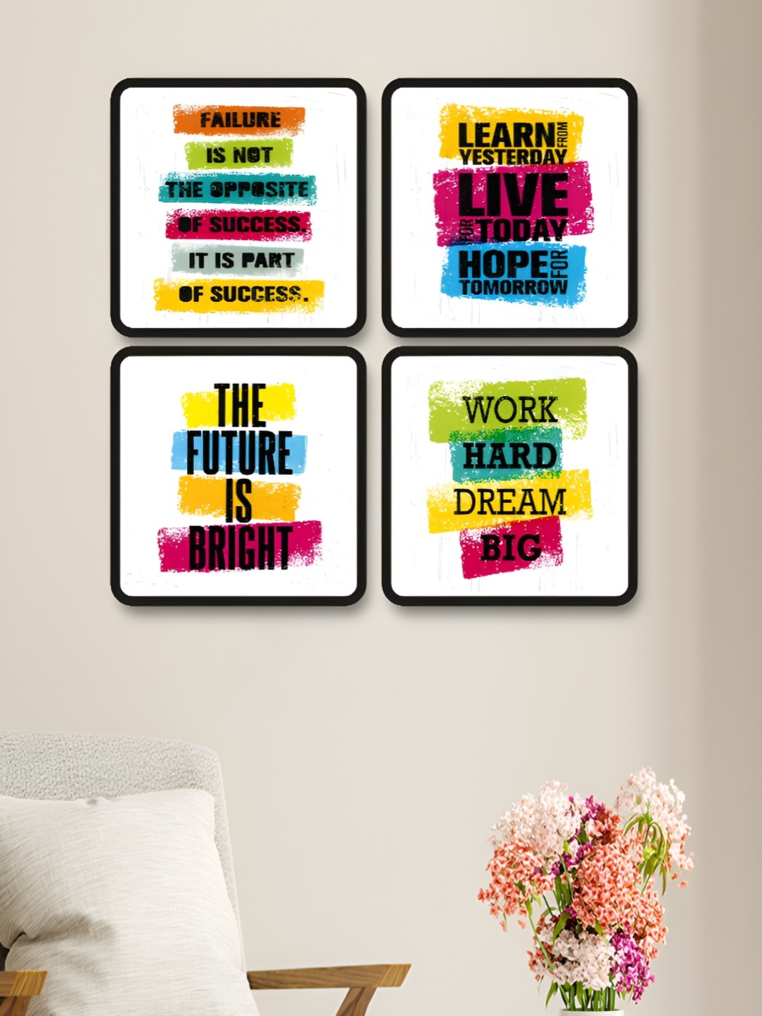 

Myntra Elegant Homes 4 Pieces White And Pink Motivational Quotes Printed Wood Wall Art