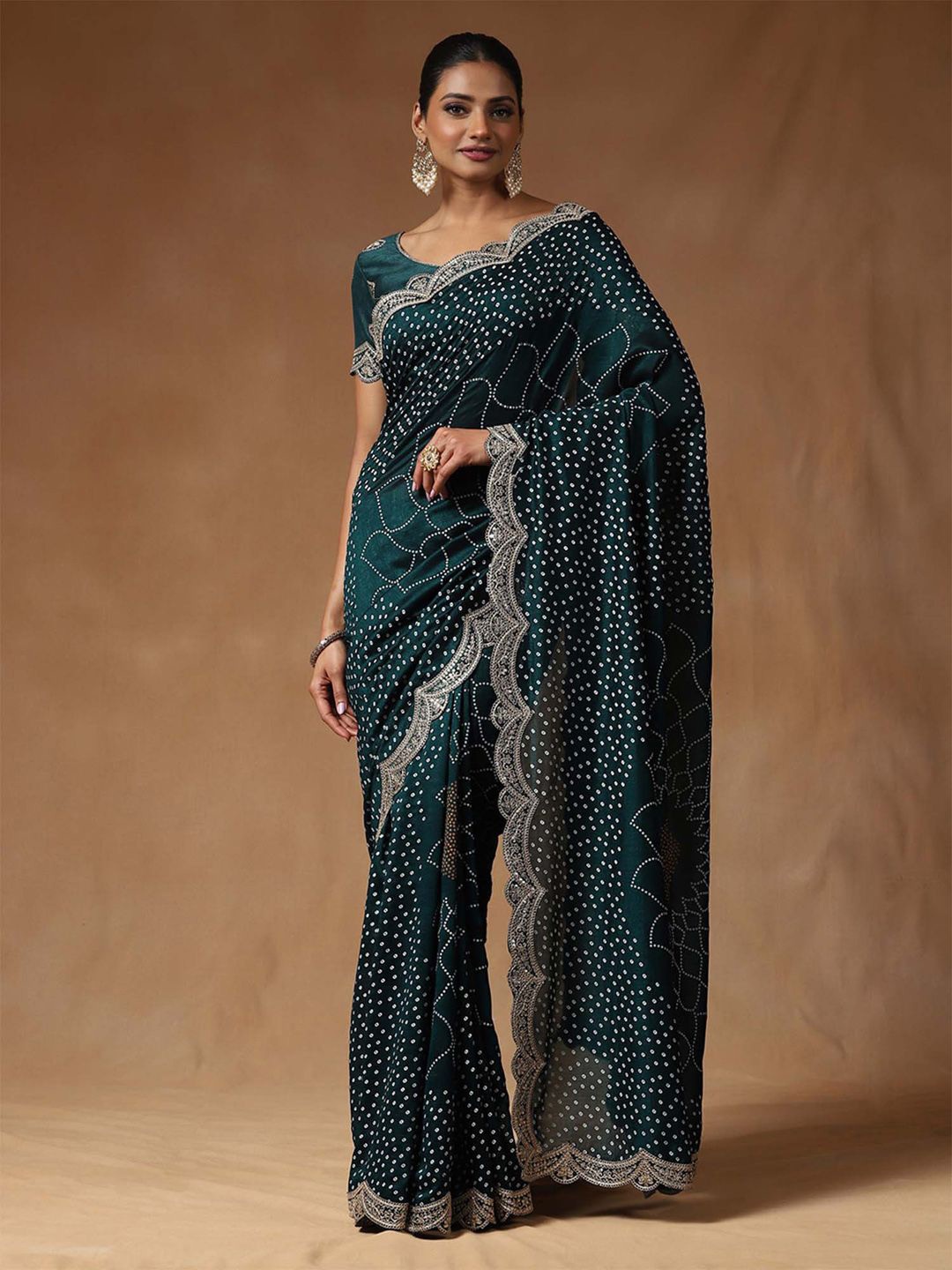 

Saree mall Bandhani Embroidered Designer Sarees, Teal