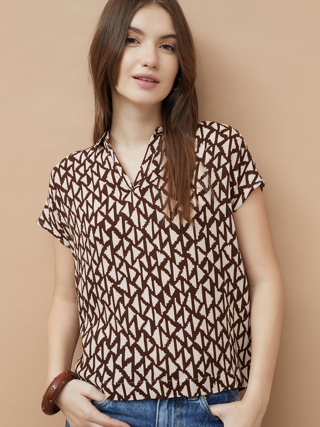 

Fame Forever by Lifestyle Women Printed Shirt Collar Top, Brown