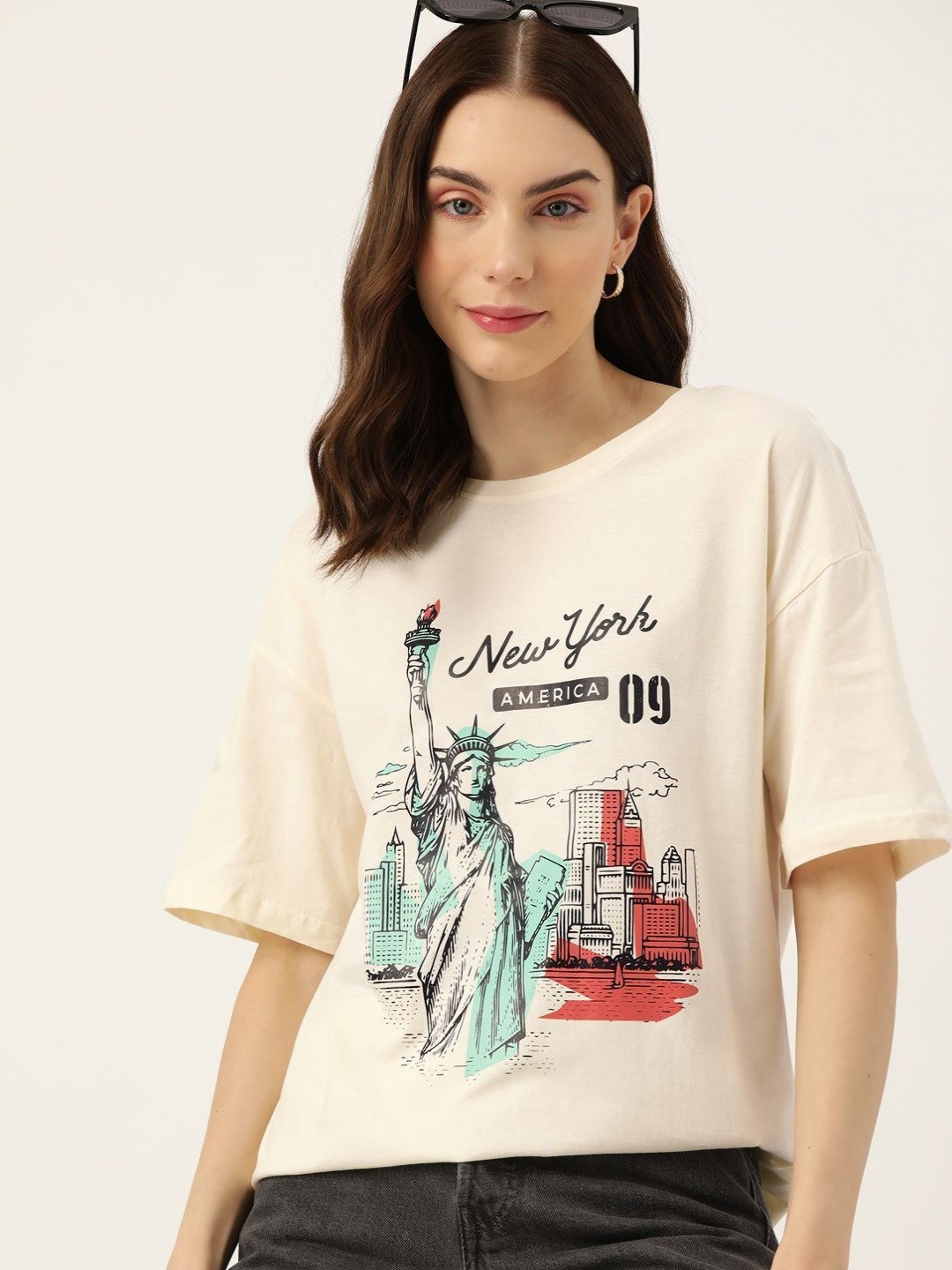 

DressBerry Women Graphic Printed Round Neck Cotton Oversized T-shirt, Cream