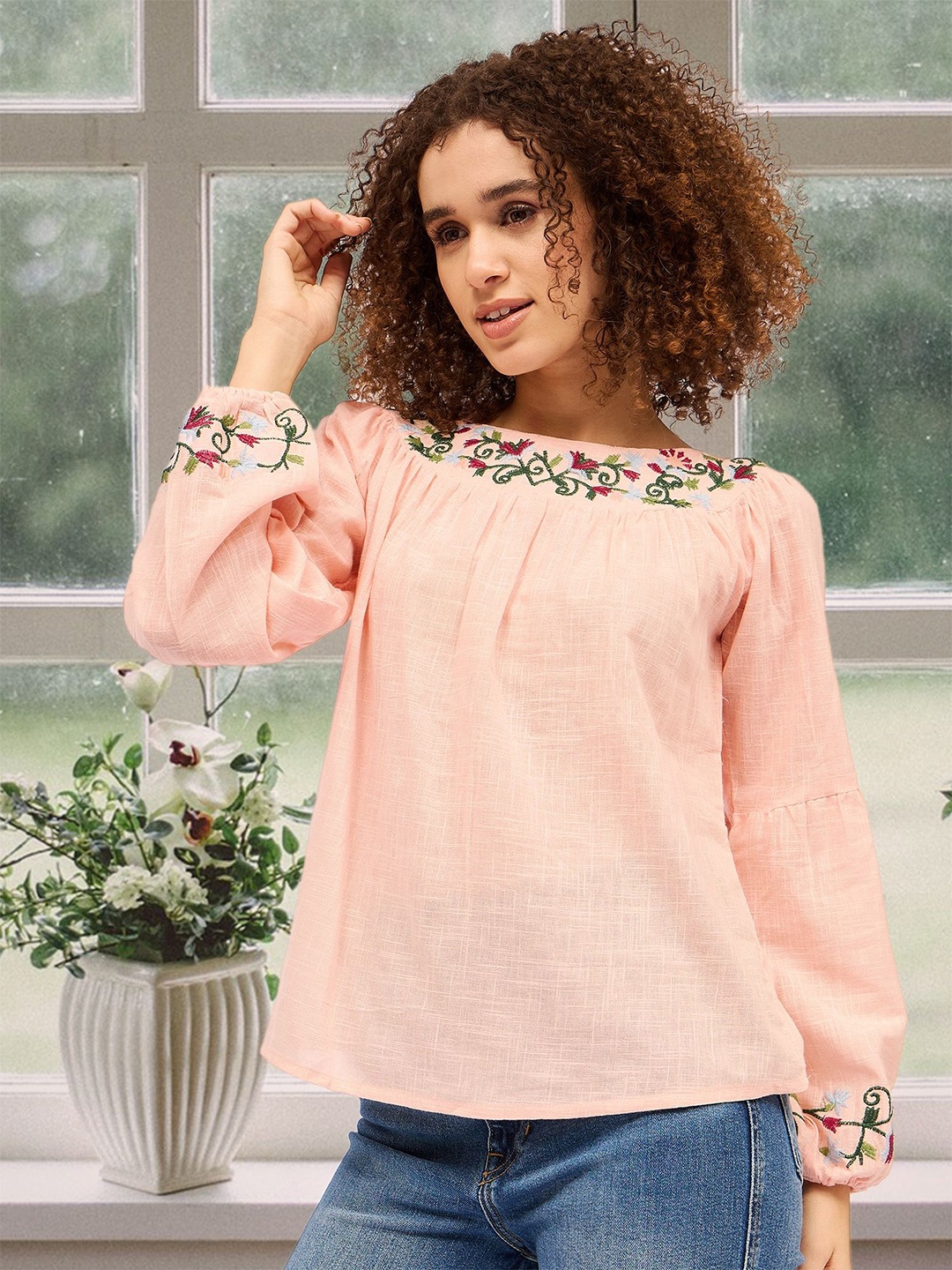 

DressBerry Floral Embroidered Puff Sleeve Cotton Top, Pink