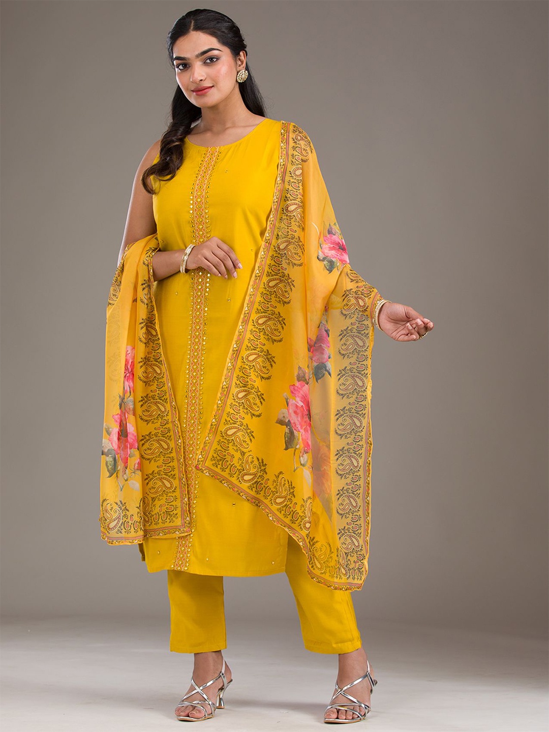 

Koskii Floral Embroidered Mirror Work Straight Kurta with Trousers & Dupatta, Yellow