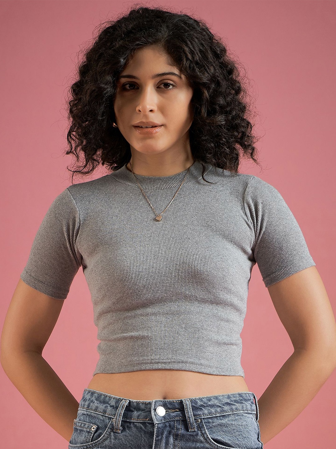 

DressBerry Women Round Neck Pure Cotton Fitted Crop Top, Grey