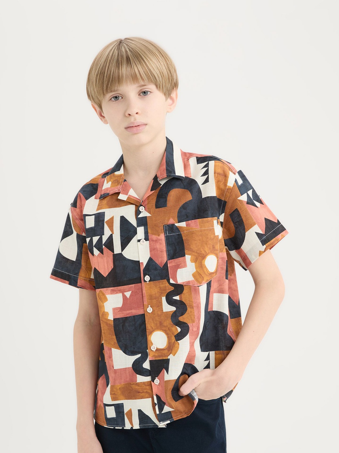 

DeFacto Boys Cuban Collar Geometric Printed Cotton Casual Shirt, Orange