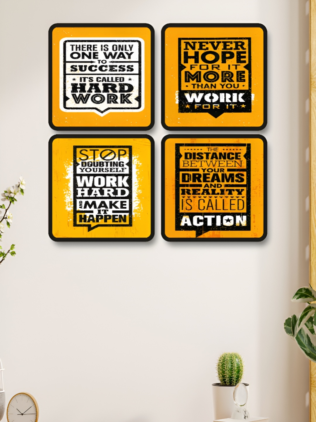 

Myntra Elegant Homes Yellow & White 4 Piece Motivational Quotes Wooden Wall Art
