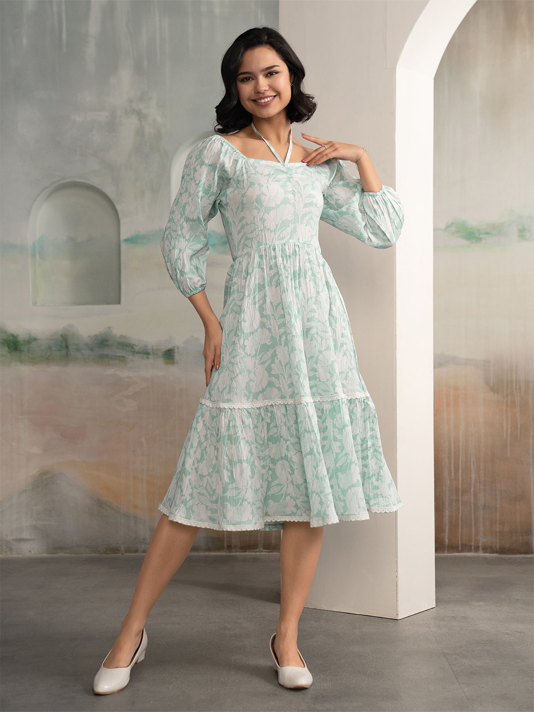 

AASK Floral Print Halter Neck Puff Sleeve Crepe Fit & Flare Midi Dress, Sea green