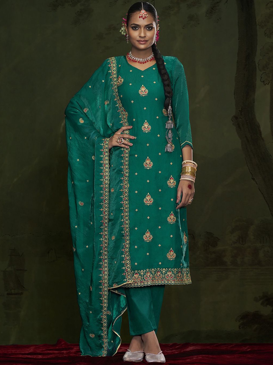 

Anouk Embroidered Unstitched Dress Material, Green