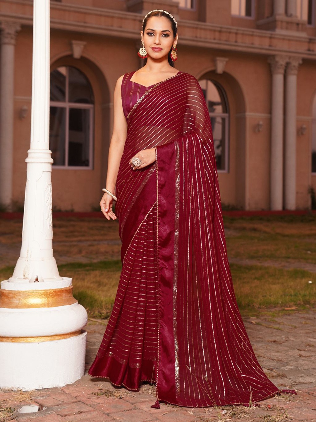 

Anni Designer Striped Gotta Patti Pure Georgette Saree, Maroon