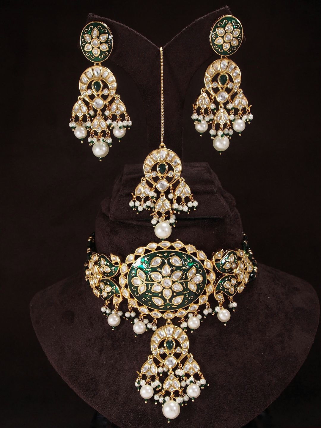 

I Jewels Gold-Plated Kundan Stone-Studded & Beaded Meenakari Jewellery Set