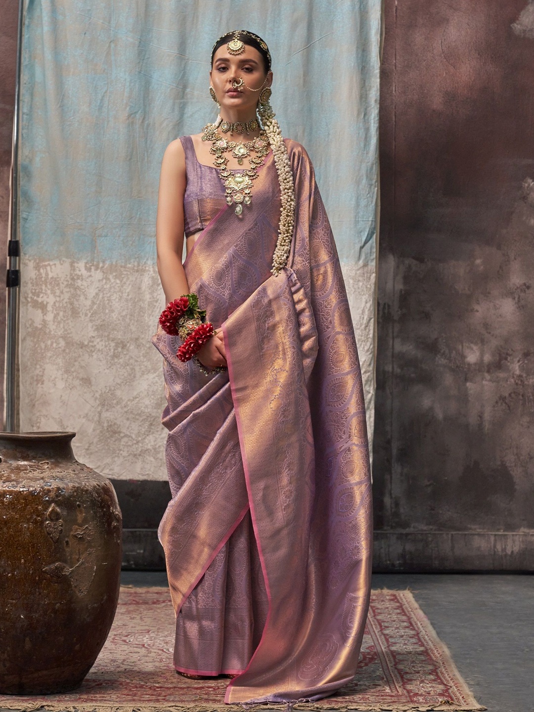 

MAHALASA Pure Silk Zari Weaving Kanjivaram Saree, Purple