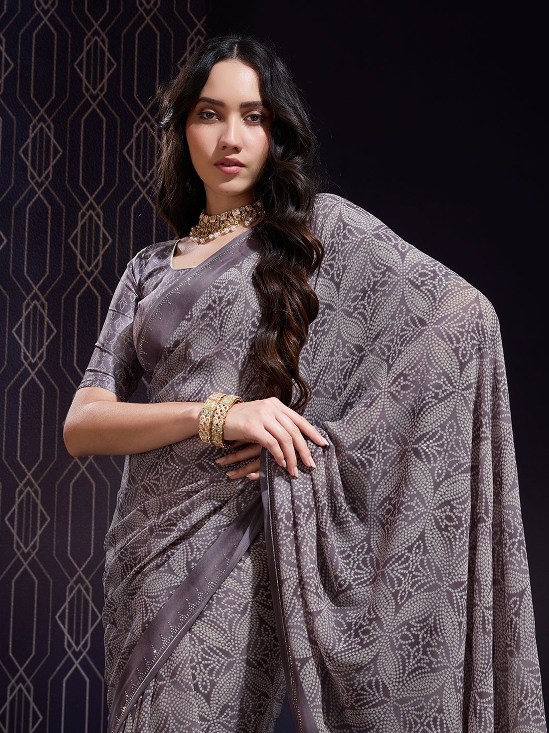 

Mitera Printed Saree with Sworoski Work and Unstitched Printed Blouse, Grey