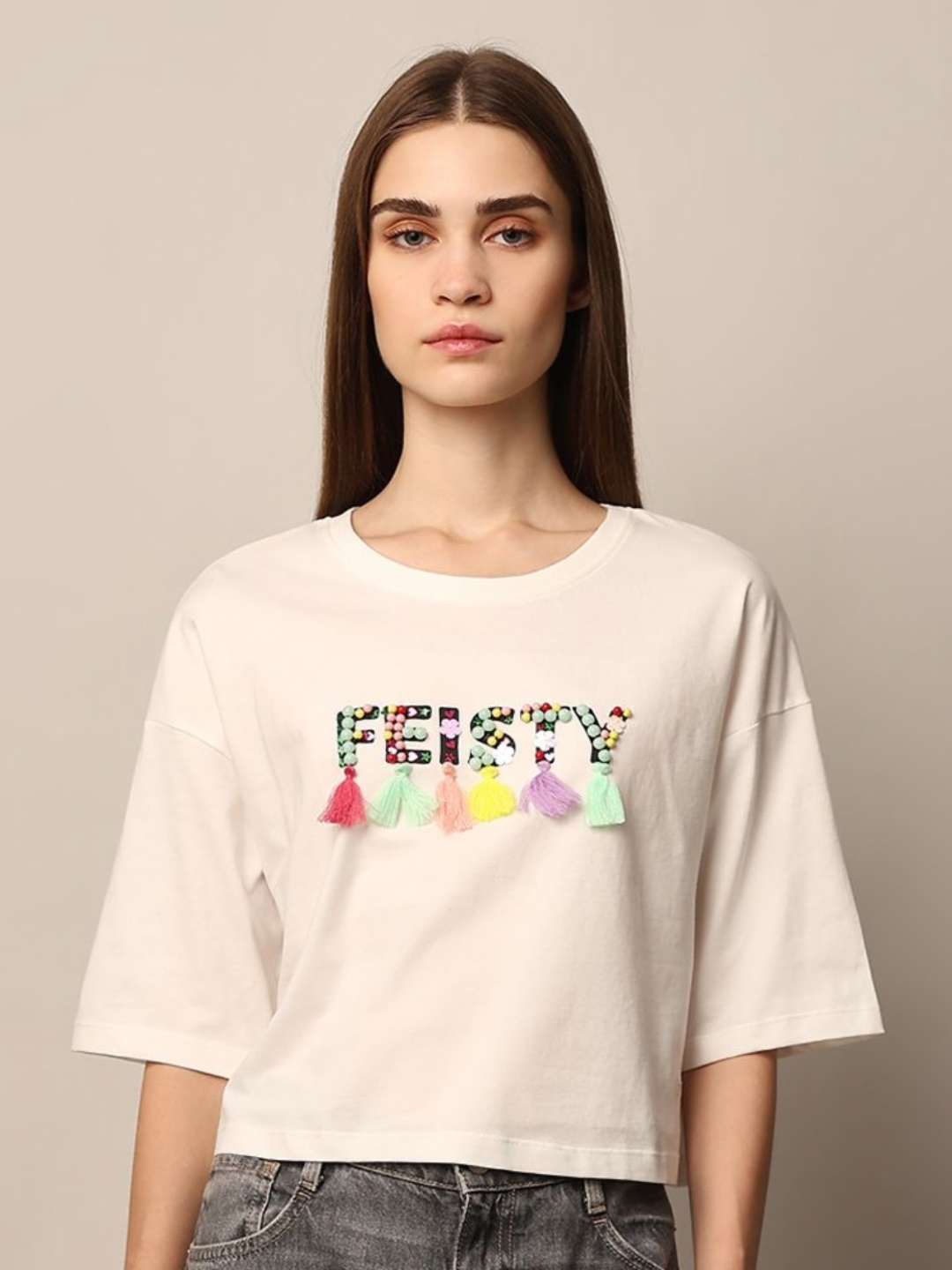 

ONLY Women Typography Printed Round Neck Cotton Boxy T-shirt, Beige