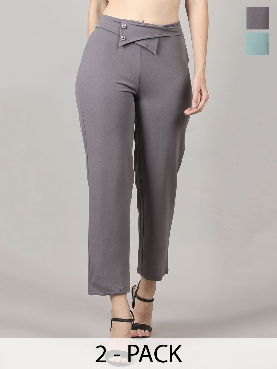 

PRIDEWEAR Women Pack of 2 Comfort High-Rise Wrinkle Free Cigarette Trousers, Turquoise blue