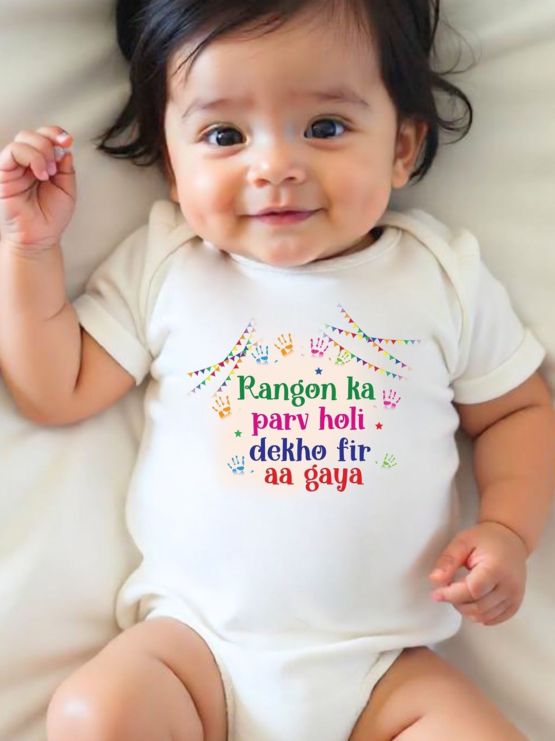 

KNITROOT Infants Rangon Ka Parv Holi Dekho Fir Aa Gaya Printed Bodysuit, White