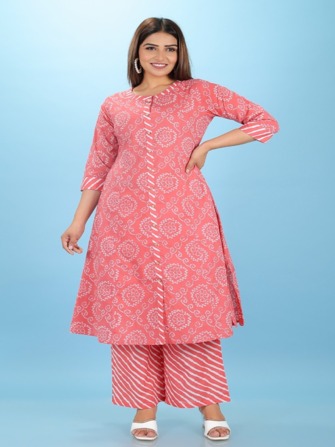 

Aramya Bandhani Printed Band Collar Pure Cotton A-Line Kurta with Palazzo, Pink