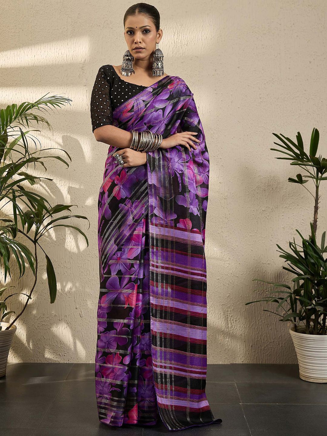 

all about you Floral Poly Georgette Saree, Purple