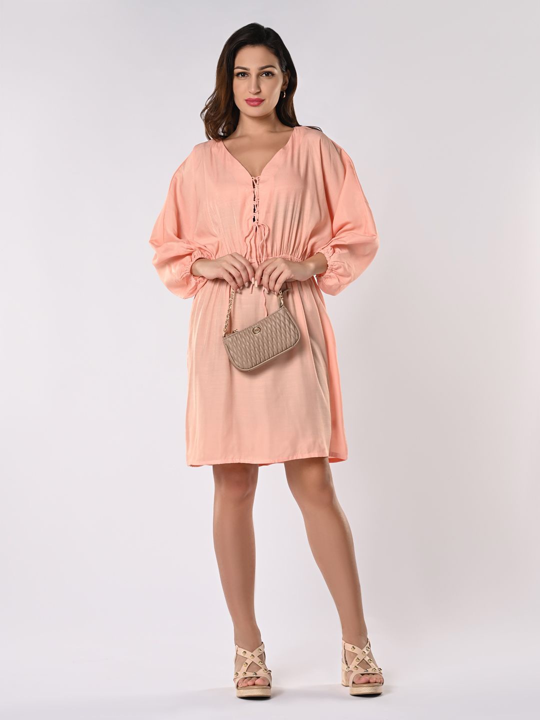 

IZEL Tie-Up Neck Puff Sleeves Dress, Pink