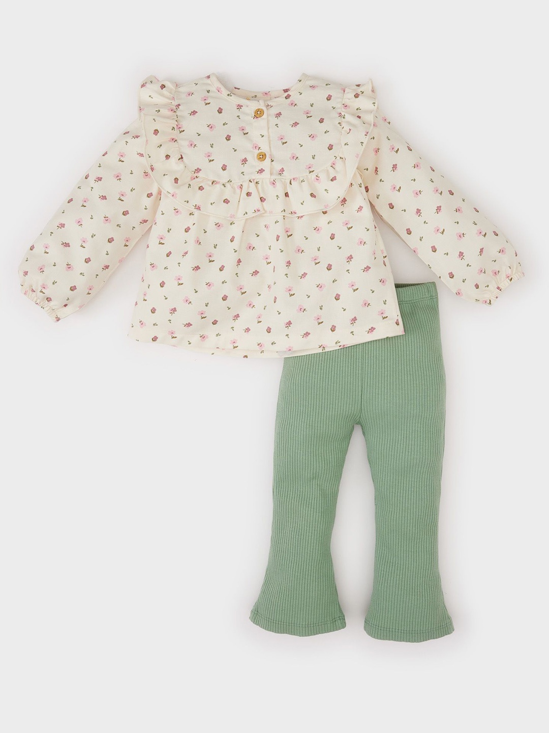

DeFacto Girls Floral Printed Round Neck Pure Cotton Top And Trousers, Cream