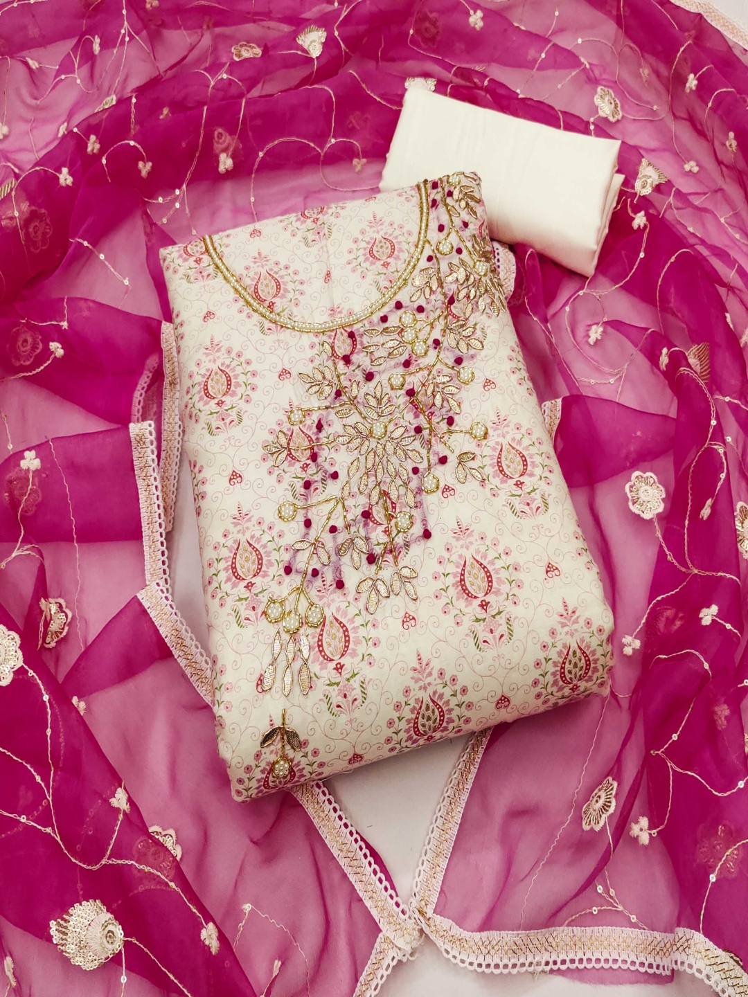 

Blissta Floral Printed Beads And Stones Unstitched Dress Material, Cream