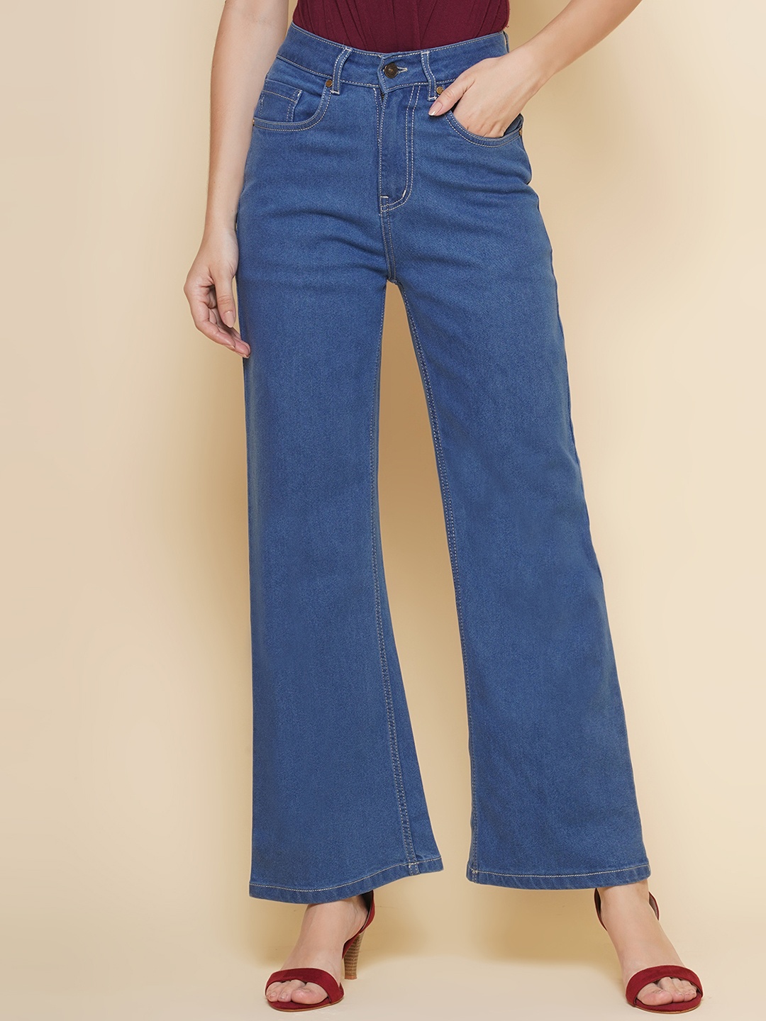 

PUELLA Women Pure Cotton Straight Fit High-Rise Light Fade Stretchable Jeans, Blue
