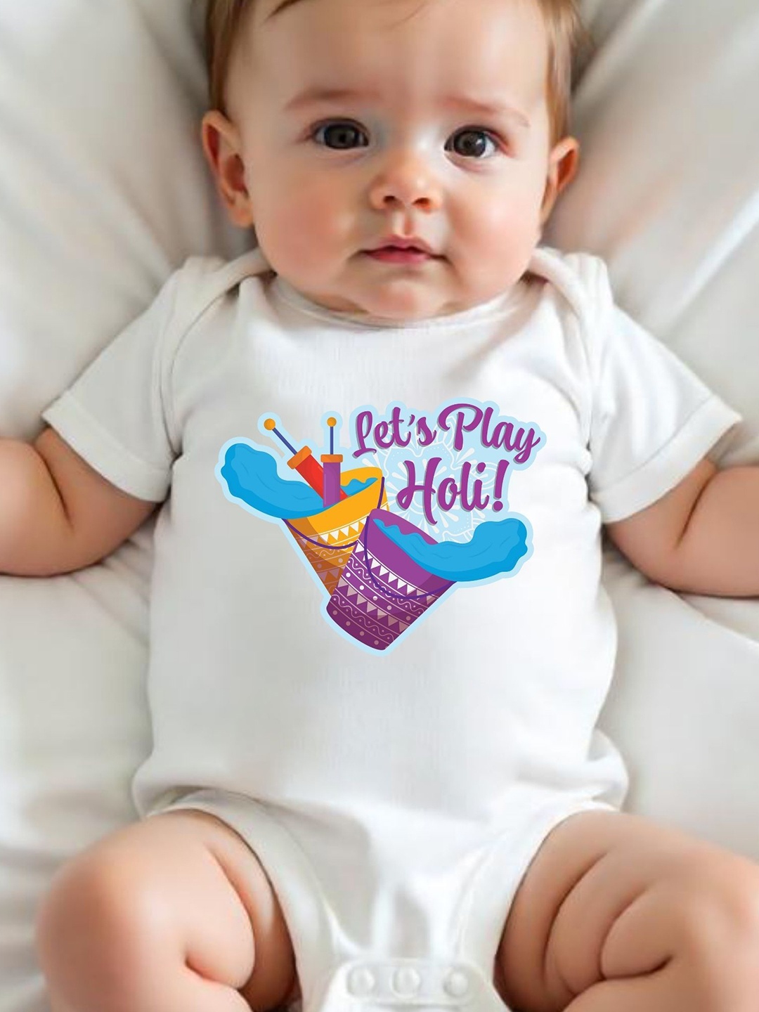 

KNITROOT Infants Let's Play Holi Printed Bodysuit, White