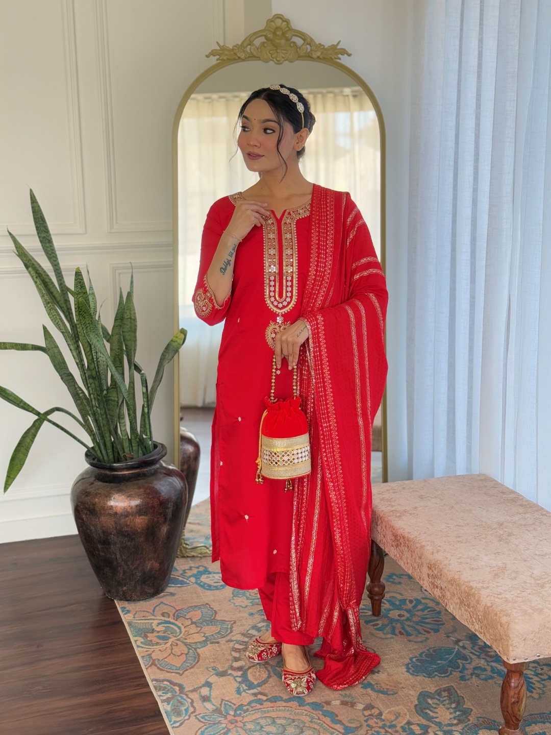 

KALINI Floral Embroidered Notch Neck Chanderi Silk Straight Kurta With Trousers & Dupatta, Red