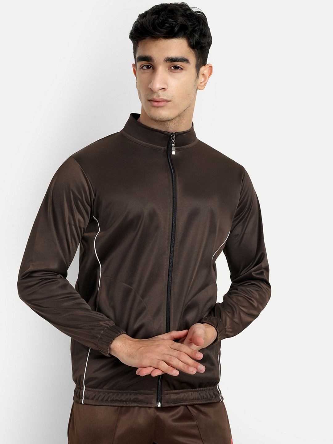 

Metronaut Men Mock Collar Solid Sports Lightweight Bomber Jacket, Brown