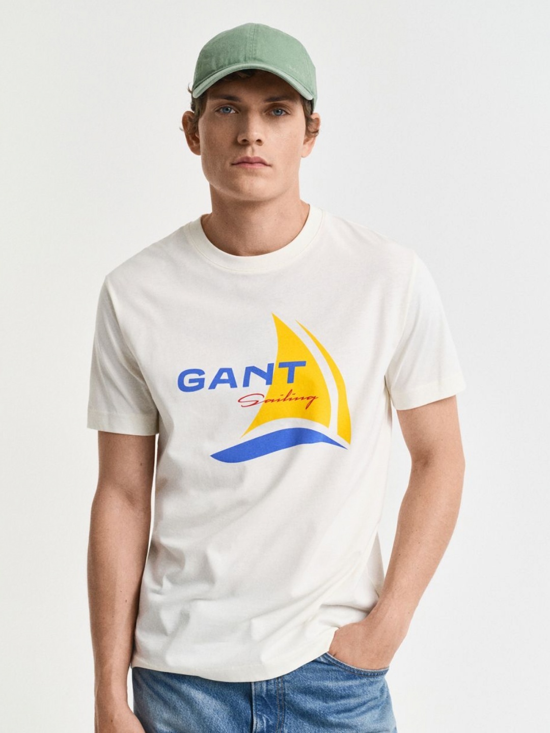 

GANT Men Brand Logo Printed Round Neck Cotton T-shirt, Cream