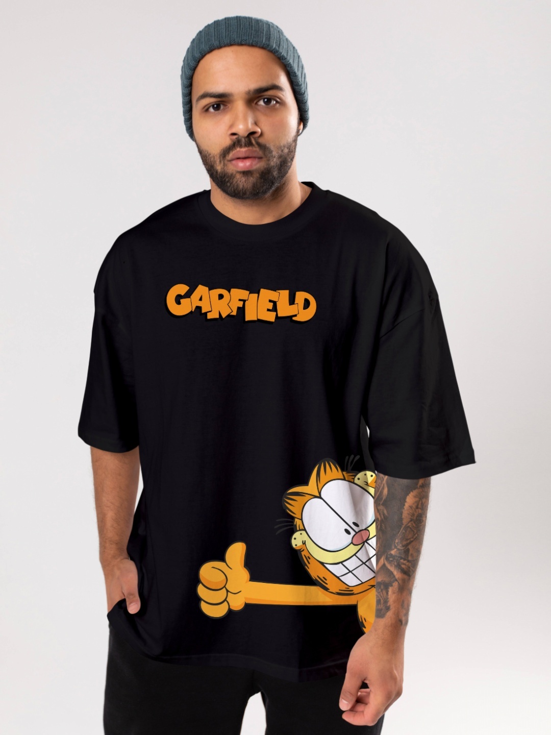 

FLYIND VOGUE OUTFIT Men Garfield Bio Finish Graphic Printed Cotton Oversized T-shirt, Black