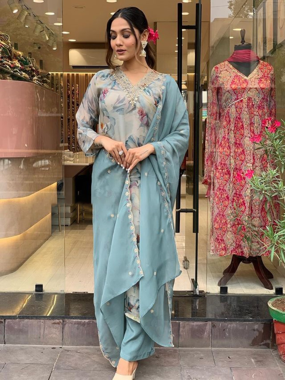 

choiceit Floral Printed V Neck Sequinned Kurta With Trouser And Dupatta, Blue